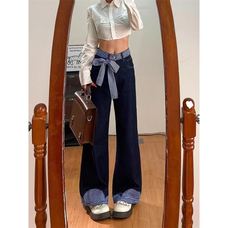 蝴蝶系带拼接格子牛仔裤男春夏季设计感直筒裤子高腰宽松阔腿长裤，男装牛仔裤，星座1210-1