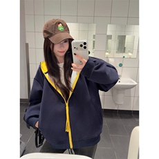 藏青色撞色拉链开衫连帽卫衣男款秋季cleanfit宽松休闲情侣外套，女装短外套，星座506A