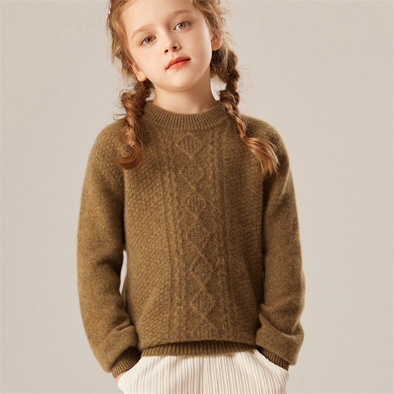 2024秋冬新款童装35%山羊绒7针桂花针单领半高领绞花羊绒衫，童装儿童羊绒衫，旭泰羊绒
