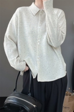 气质polo领排扣羊毛衬衣开衫女秋冬新款宽松大码翻领针织外套，女装羊毛衫，秋虹羊绒