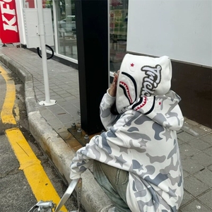 美式复古双帽迷彩连帽卫衣女春秋季潮宽松情侣开衫鲨鱼外套图片
