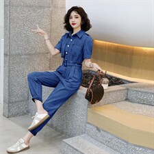 2021夏装新款时尚个性气质翻领修身显瘦牛仔连体裤，女装连体裤，奋斗女王