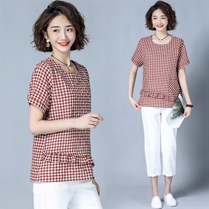 潮流舒适时尚短袖蕾丝衫/雪纺衫2025年夏季格子休闲圆领休闲,女装蕾丝衫/雪纺衫,风姿绰