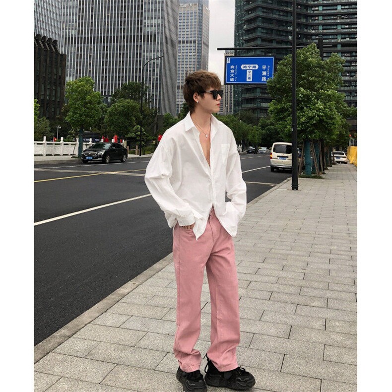 潮牌时尚冰莓粉宽松直筒水洗牛仔裤X1002-1-NZ2413-现货，男装牛仔裤，星座1002-1