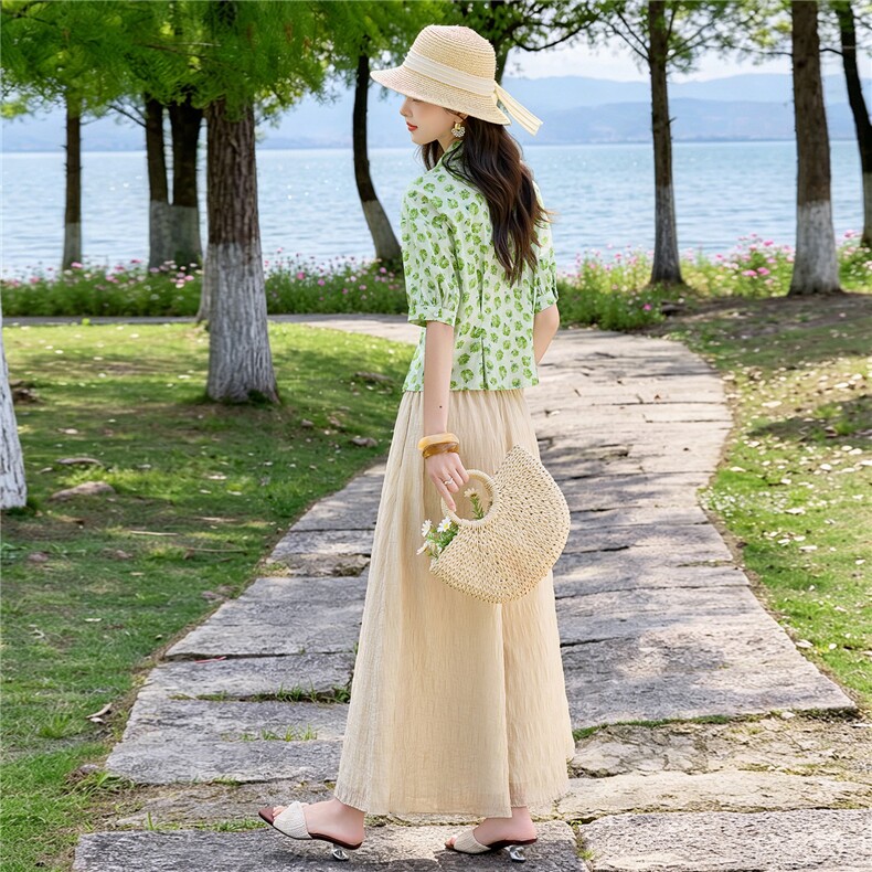 高级感时尚套装女春夏短袖绿花衬衫减龄半身裙裤优雅两件套,女装套装/套裙,水衣源