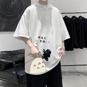 LD54150-P45 连帽短袖t恤男大码胖子带帽五分袖中袖 大皂风图片