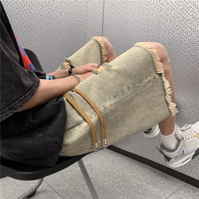 水洗破洞牛仔短裤男女夏季潮牌美式痞帅休闲毛边炸街中裤D667-p36,男装牛仔裤,星座1008