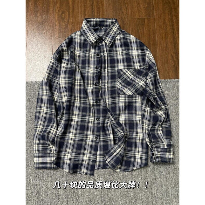 V3211HH-P38美式复古cleanfit藏青色格子衬衫男美式衬衣外套春季,男装衬衫,星座1007（原301D）