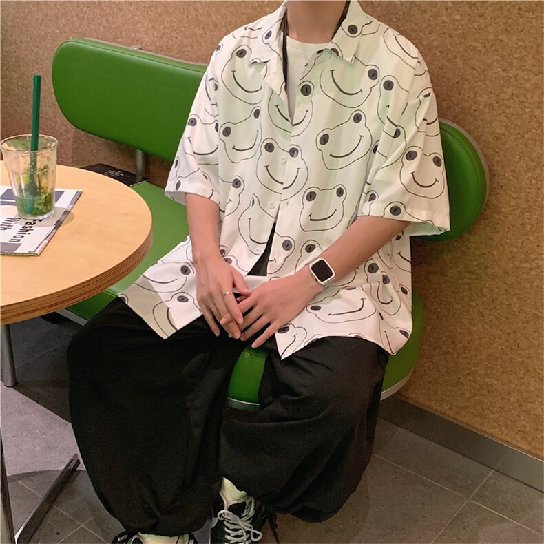 ins趣味五分袖衬衫男港风2021宽松嘻哈青蛙印花上衣衬衣W984-P30,男装夹克,星座512-2