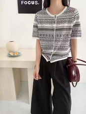 精纺羊毛费尔岛提花卷边开衫短袖，女装针织衫/毛衣，百纯羊绒