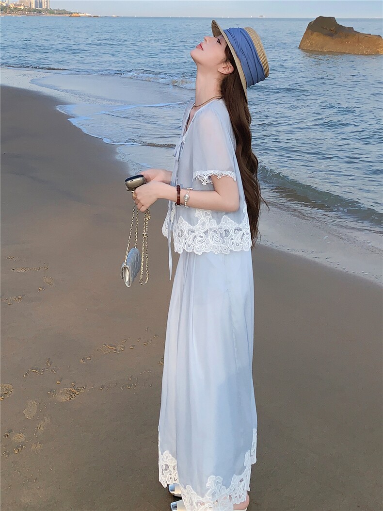 法式气质蕾丝拼接套装女2026夏季新款高级感时髦洋气阔腿裤两件套,女装套装/套裙,衣秀之家