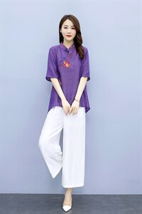 2021夏季新款简约气质圆领时尚图案刺绣复古盘扣装饰棉麻两件套图片