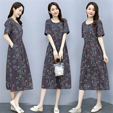 棉麻印花连衣裙女2022夏新款显瘦休闲中年女士中长款碎花亚麻裙子，女装连衣裙，超帛