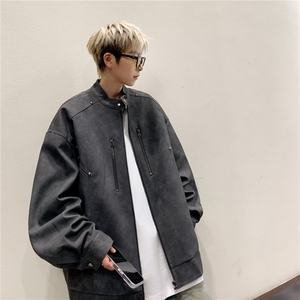 做旧磨边斜拉链设计PU皮衣男工装口袋短外套秋季机车服W6629-P75图片