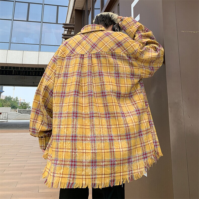 S01-P38美式黄色格子磨破宽松型长袖情侣衬衫,男装衬衫,星座1503