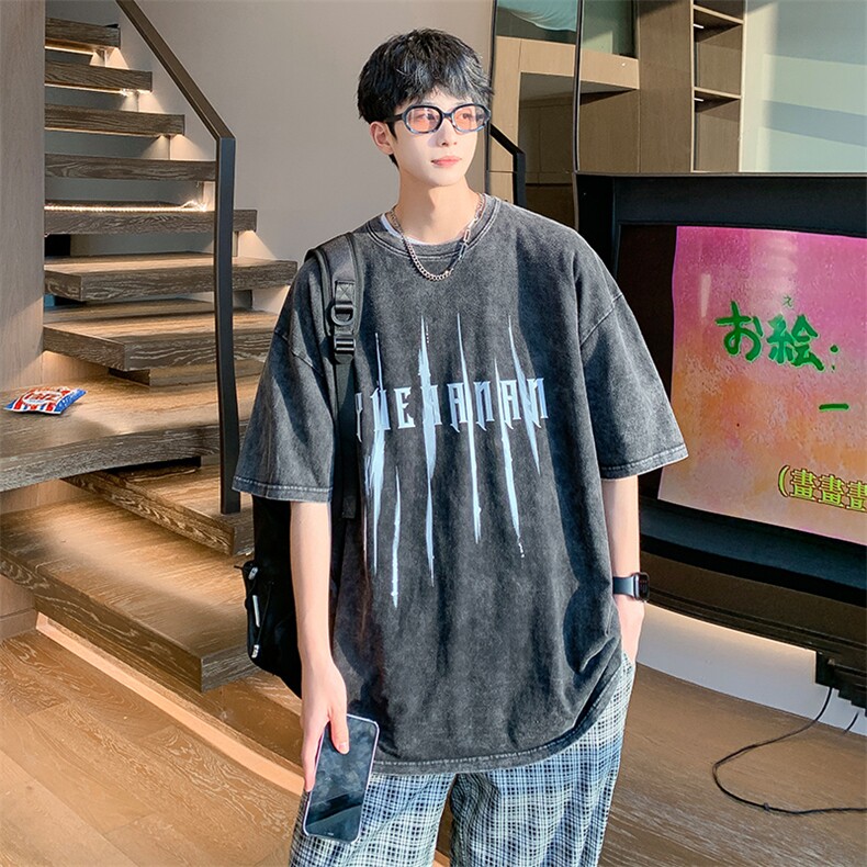 抖音供货、210克现货水洗棉印花宽松版短袖T恤D223A-T22134-P30,男装T恤,电商019-1