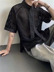 25设计感镂空性感网眼飘带金属扣短袖衬衫CS169-P88，男装T恤，电商B288