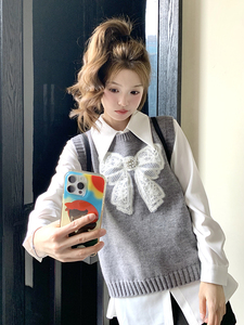 灰色蝴蝶结针织马甲套装2025新款女春季学院风气质衬衫马夹两件套图片