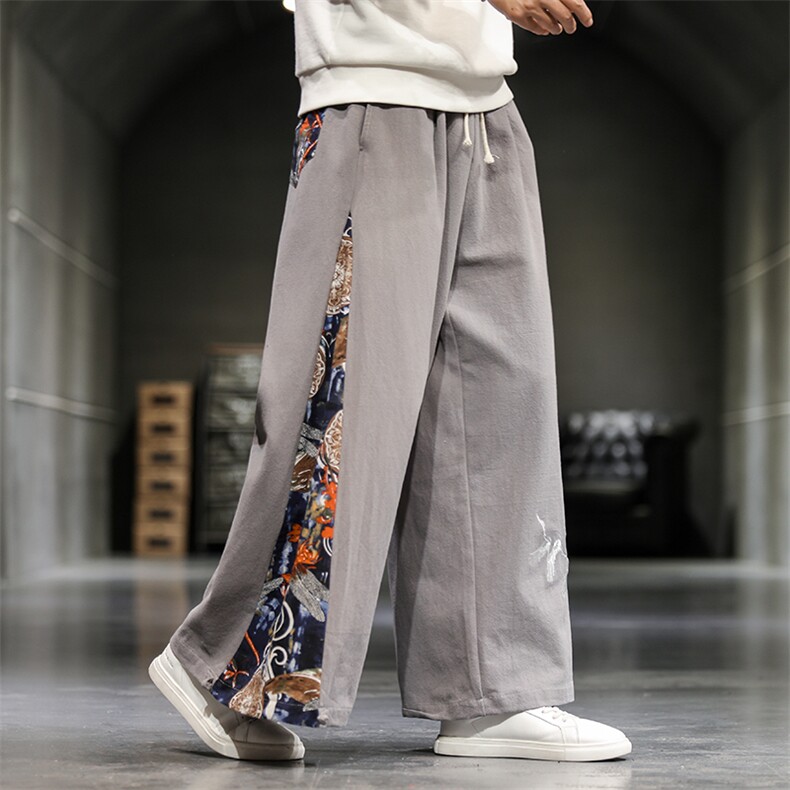 秋季日系仙鹤刺绣复古宽松直筒裙裤加肥哈伦阔腿休闲裤男/，男装休闲裤，电商B275