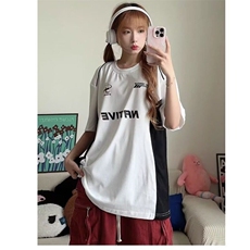 青少年渐变常规非品牌宽松型ins夏季美式潮牌字母印花拼色短袖t恤，男装T恤，星座506A