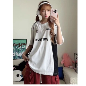 青少年渐变常规非品牌宽松型ins夏季美式潮牌字母印花拼色短袖t恤图片