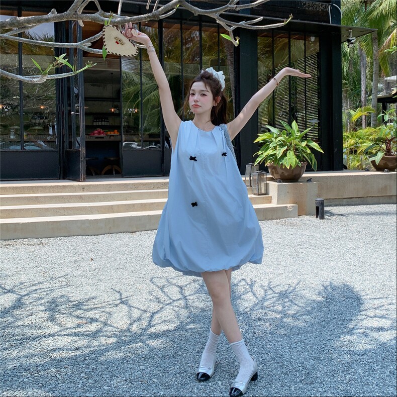 浅蓝色蝴蝶结初恋花苞连衣裙女2025年夏季新款浪漫少女风背心裙子,女装连衣裙,2C050