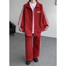 8XL-M条纹撞色开衫新年红卫衣运动套装潮牌运动服校园风TZ114P118，男装休闲套装，电商D206-1