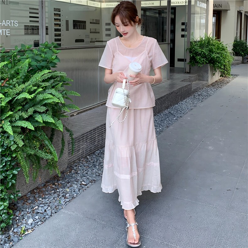 高端时尚套装裙女2025夏季新款洋气宽松系带收腰小衫吊带裙套装图片