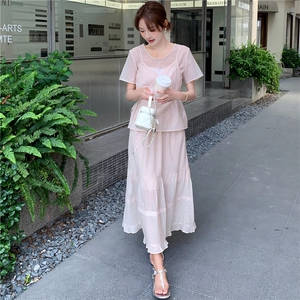 高端时尚套装裙女2025夏季新款洋气宽松系带收腰小衫吊带裙套装图片