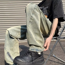 水洗长裤潮直脚牛仔裤气质日系宽松直筒拉链简约男青春流行夏季，男装牛仔裤，四季星座218-1
