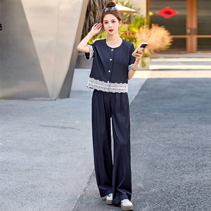 法式时尚蕾丝拼接套装女2025夏新款高级感韩系气质穿搭阔腿裤套装图片