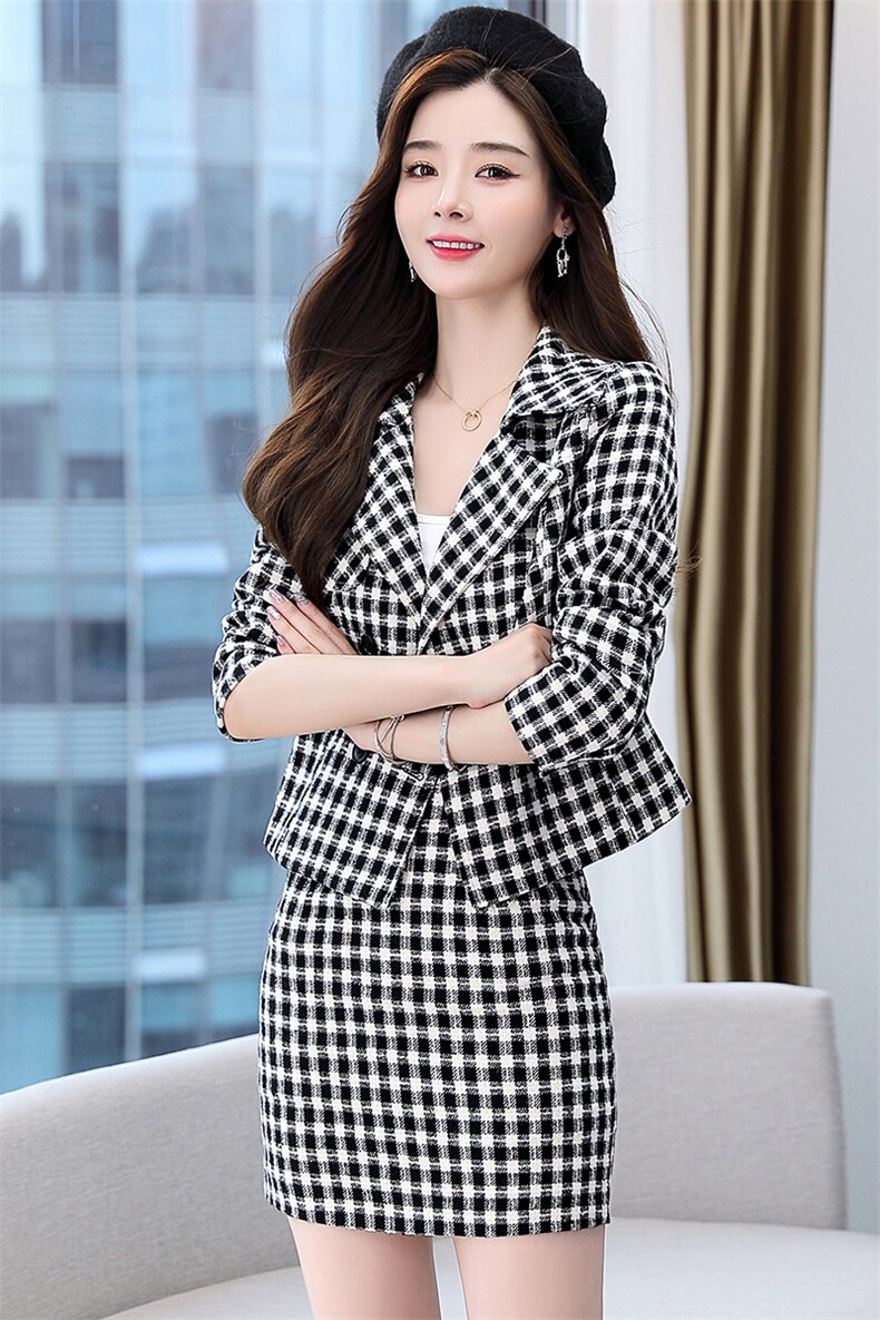 2023秋季新款优雅气质大翻领小香风修身短款格子两件套,女装套装/套裙,芭米依尚