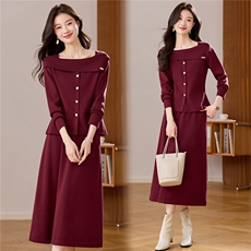 法式优雅风一字肩针织衫半身裙套装女秋冬新款气质显瘦毛衣两件套，女装羊毛衫，艾米