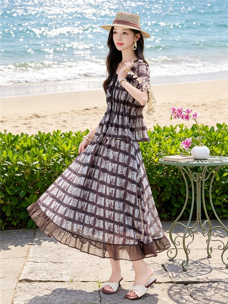 时尚休闲格纹显瘦系带上衣木耳边半裙超仙两件套女,女装套装/套裙,水衣源