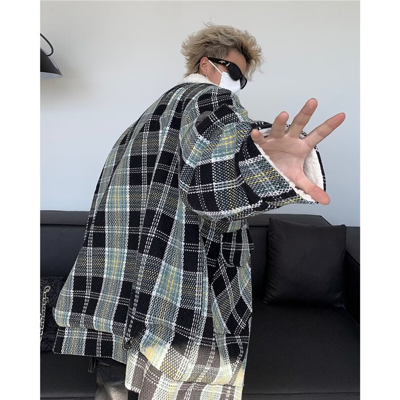 美式复古外套男秋冬羊羔毛棉服加厚小香风宽松格子棉衣M8029/P99,男装棉衣,星座506
