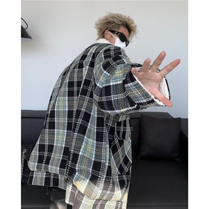 美式复古外套男秋冬羊羔毛棉服加厚小香风宽松格子棉衣M8029/P99图片
