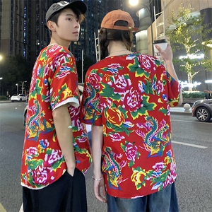 HT203夏情侣东北大花民族风牡丹花圆领短袖T恤青少年大码男女潮图片