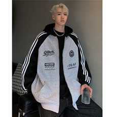 360克重磅条纹开衫卫衣男春秋季拼色复古休闲连帽外套JK109-P78，女装短外套，电商C307A