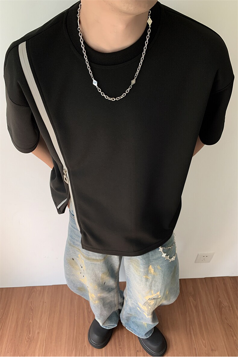 时装周夏季拉链撞色开叉圆领设计款男装短袖T恤夏装半袖S414-特33,男装T恤,电商A233-1