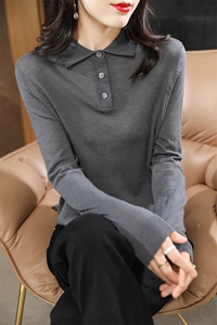 精纺羊毛POLO领打底衫女内搭2025秋冬新款针织衫宽松上衣长袖毛衣图片