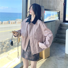 粉色扎染撞色拼接翻领工装外套女2025秋季小个子宽松休闲酷飒夹克，女装短外套，2C113