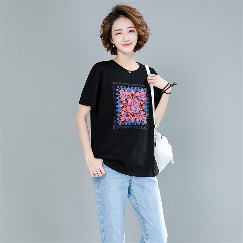 2021年夏季圆领纯色时尚印花短袖简约百搭宽松短款,女装T恤,独衣靓