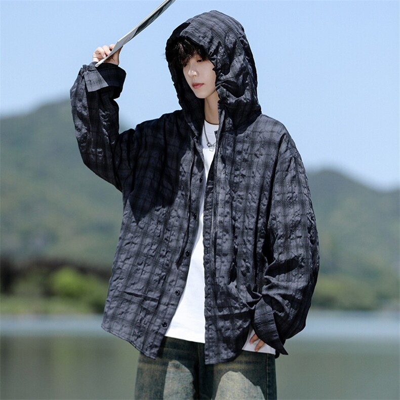 廓形防晒衬衫男夏季长袖冰丝薄款亚麻格子衬衣开衫外套CS29006P48,男装衬衫,电商B312
