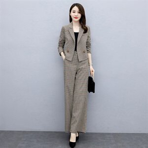 轻奢女装2025春夏设计感小众时尚格子短外套阔腿裤西装套装两件套图片