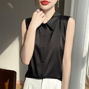 法式温柔风白色缎面POLO领无袖衬衫女夏季新款百搭休闲气质小衬衣图片
