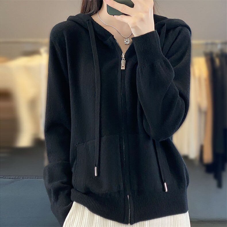 25秋冬新款100%纯羊毛开衫女连帽拉链带兜外套毛衣宽松羊绒衫外搭,女装羊毛衫,邦太羊绒