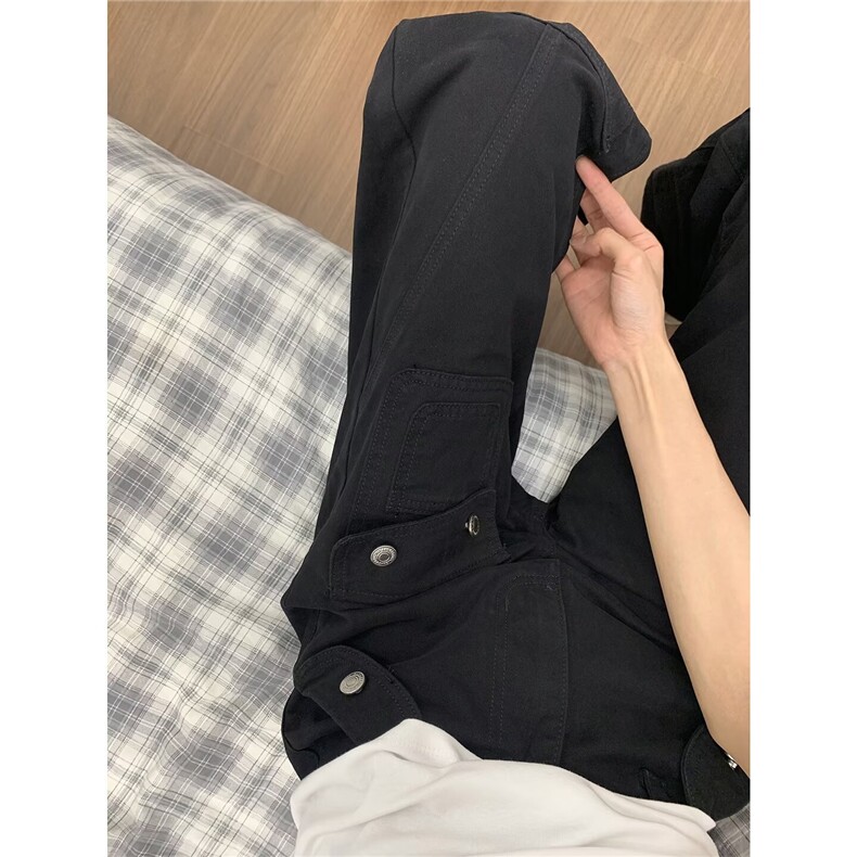 美式街头黑色显瘦拉链工装牛仔裤女春秋高腰直筒宽松百搭长裤,男装牛仔裤,星座506A