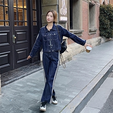 时尚牛仔套装女春秋季2025设计感短外套搭配阔腿裤气质休闲两件套，女装套装/套裙，艾仟回(原伊仟回)
