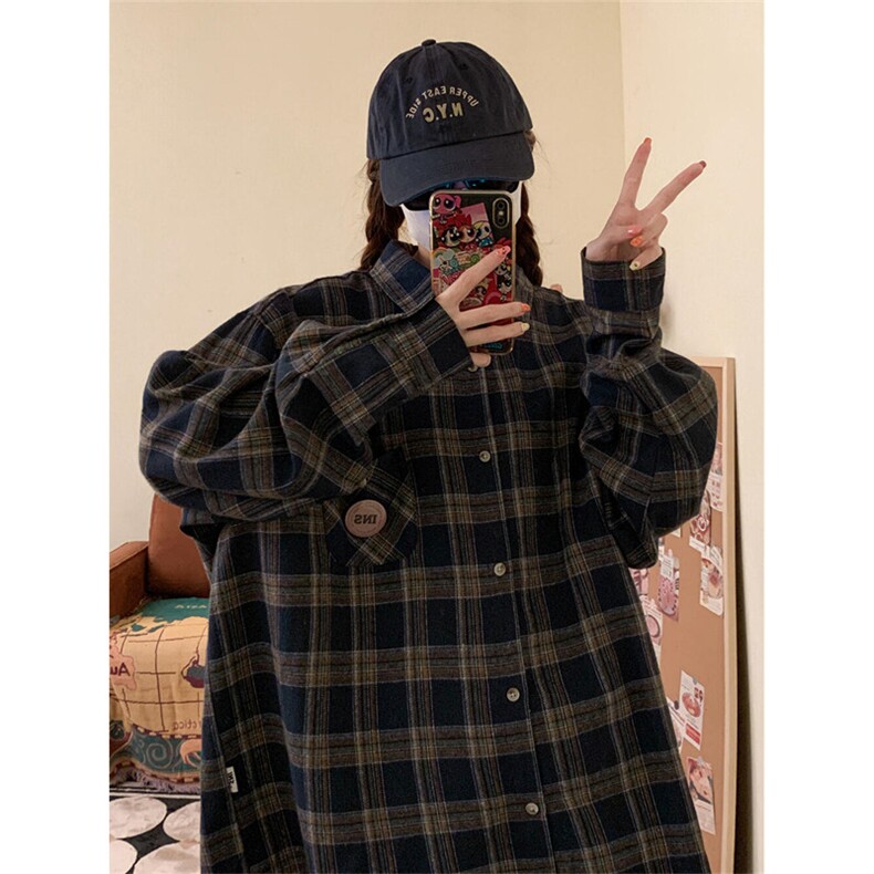 潮牌情侣美式复古徽章LOGO格子衬衫男长袖衬衣外套CS51,男装衬衫,星座1116A（原606A-3）