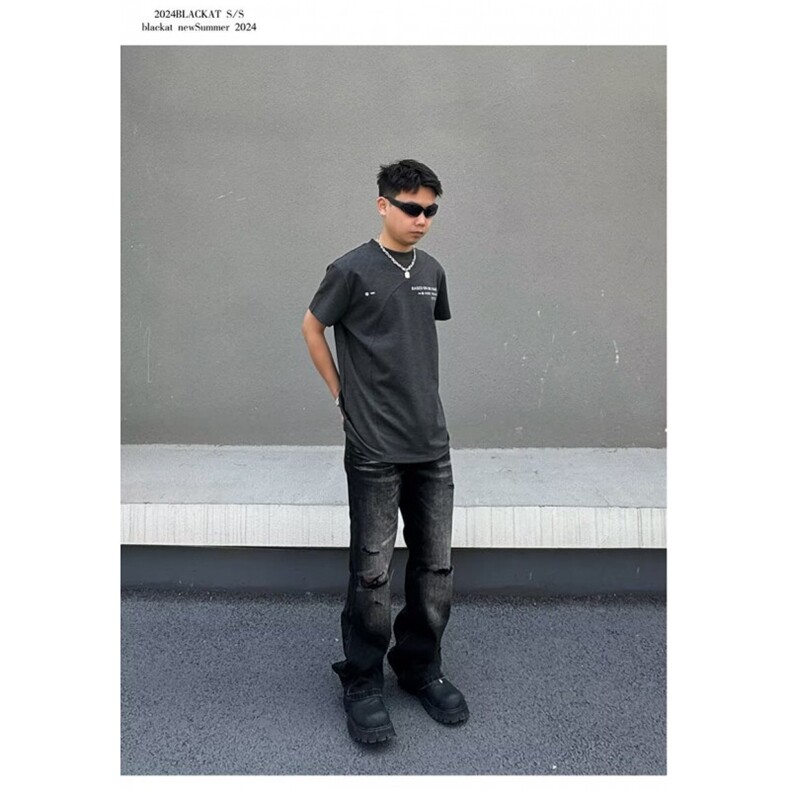 黑色个性剪裁破洞牛仔裤男款复古潮流猫须宽松直筒堆积感休闲长裤,男装牛仔裤,星座506A